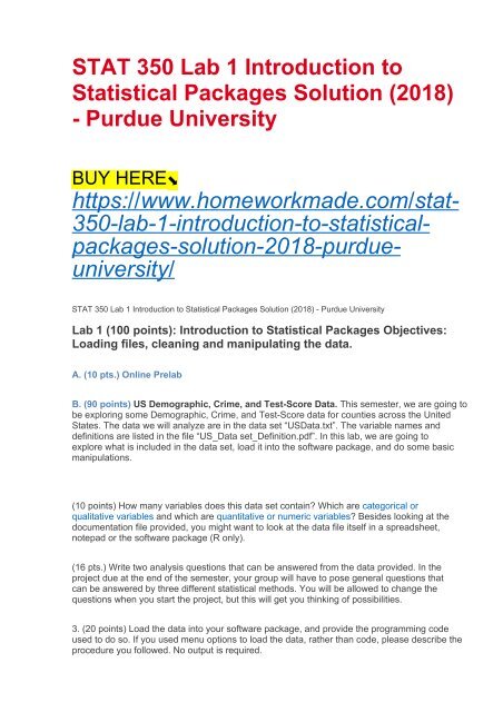 STAT 350 Lab 1 Introduction to Statistical Packages Solution (2018) - Purdue University