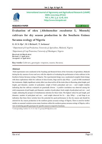 Evaluation of okra (Abelmoschus esculentus L. Moench) cultivars for dry season production in the Southern Guinea Savanna ecology of Nigeria