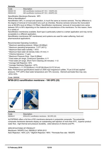 Reverse Osmosis Membranes catalogue