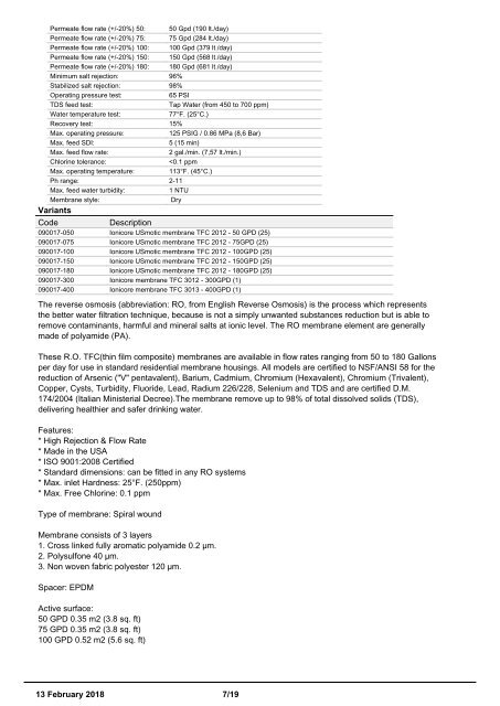 Reverse Osmosis Membranes catalogue