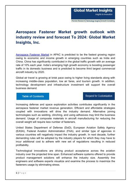 Aerospace Fastener Market By Product, Application, Region – Forecast to 2024