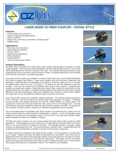DTS0063-NEW Laser-Diode-to-Fiber-Coupler-Pigtail ... - OZ Optics