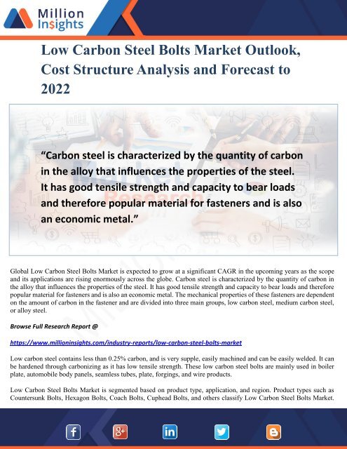 Low Carbon Steel Bolts Market Outlook, Cost Structure Analysis and Forecast to 2022