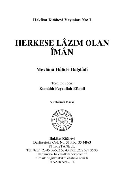 Herkese Lazim Olan Iman - Mevlana Halidi Bagdadi - Huseyin Hilmi Isik