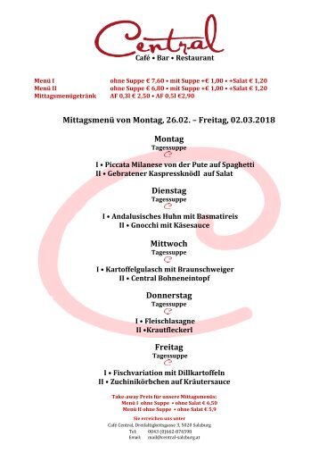 Central Mittagsmenüplan 26.02.-02.03.2018