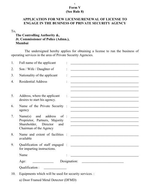 Form V (See Rule 8) APPLICATION FOR NEW LICENSE/RENEWAL ...