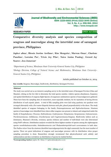 Comparative diversity analysis and species composition of seagrass and macroalgae along the intertidal zone of sarangani province, Philippines