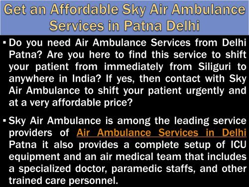Doctors Facilities Air Ambulance Services in Patna Delhi