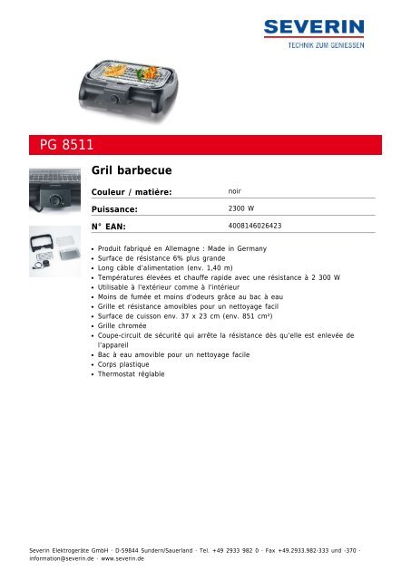 Severin PG 8511 Gril barbecue - Fiche technique