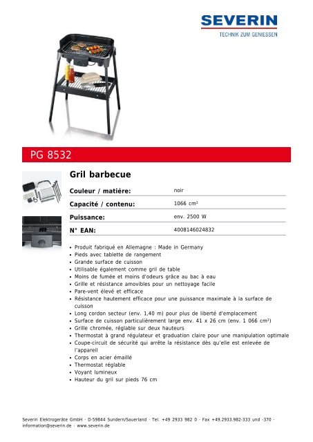 Severin PG 8532 Gril barbecue - Fiche technique