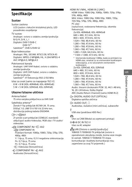 Sony KDL-32R303B - KDL-32R303B Mode d'emploi Croate