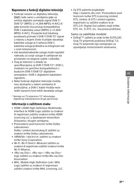 Sony KDL-32R303B - KDL-32R303B Mode d'emploi Croate