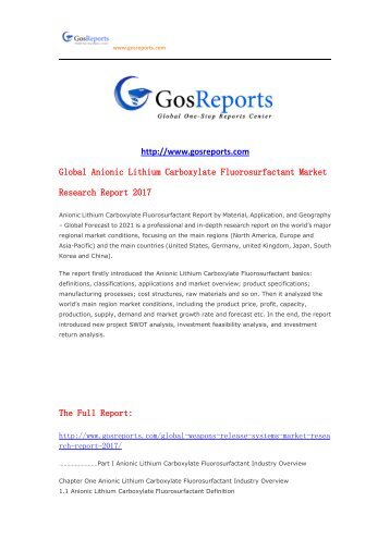 Global Anionic Lithium Carboxylate Fluorosurfactant Market Research Report 2017