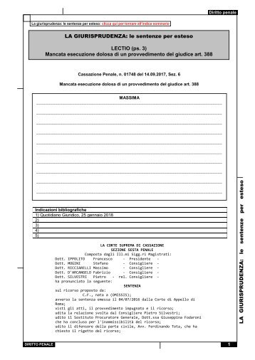 Cassazione Penale, n. 01748 del 14.09.2017, Sez. 6- Mancata esecuzione dolosa di un provvedimento del giudice art. 388 (ps. 3) d