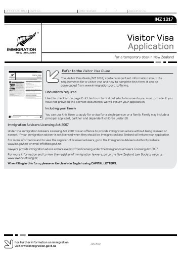 Visitor Visa Application (INZ 1017) - New Zealand Immigration Service