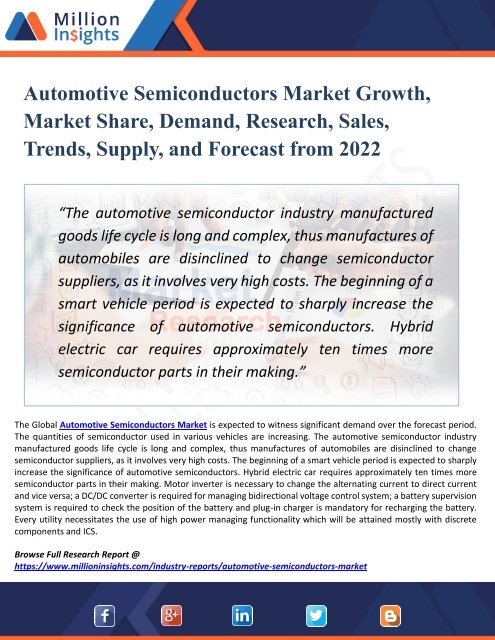 Automotive Semiconductors Market 2022 Share, Growth, Region Wise Analysis of Top Players, Application, Driver, Existing Trends