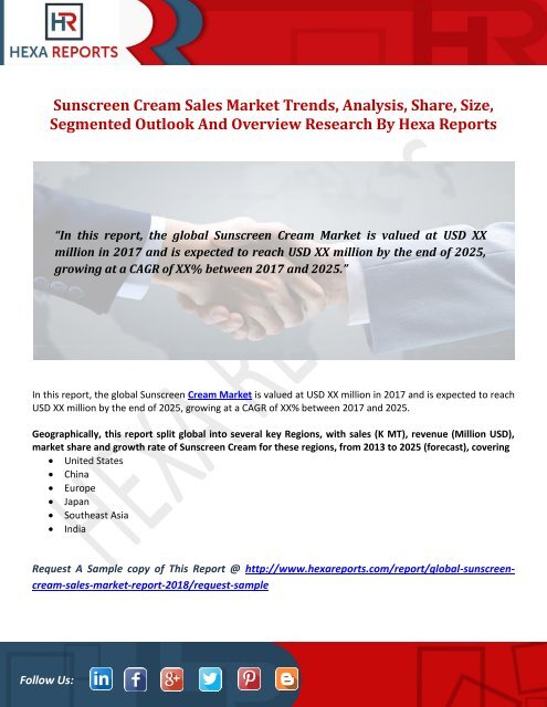 Sunscreen Cream Sales Market Trends, Analysis, Share, Size, Segmented Outlook And Overview Research By Hexa Reports