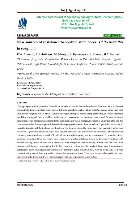 New sources of resistance to spotted stem borer, Chilo partellus in sorghum