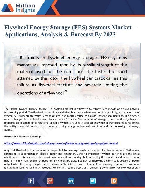 Flywheel Energy Storage (FES) Systems Market – Applications, Analysis &amp; Forecast By 2022