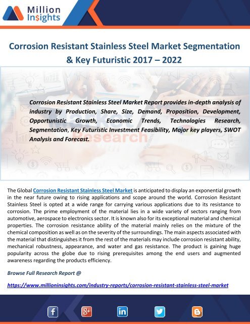 Corrosion Resistant Stainless Steel Market Segmentation & Key Futuristic 2017 – 2022