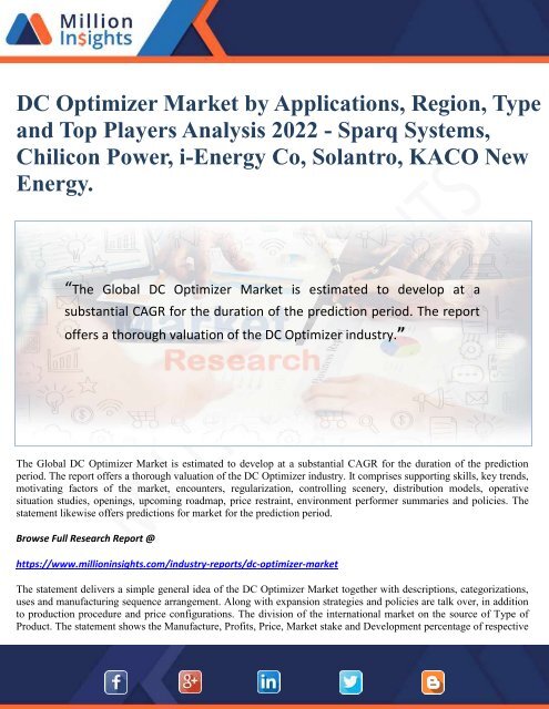 DC Optimizer Market by Applications, Region, Type and Top Players Analysis 2022 - Sparq Systems, Chilicon Power, i-Energy Co, Solantro, KACO New Energy