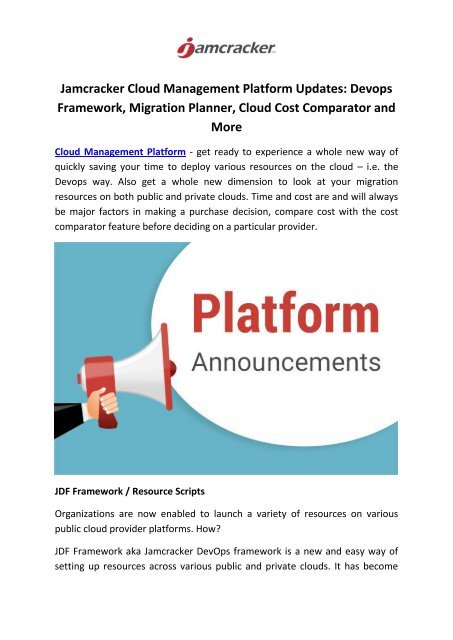 Jamcracker Cloud Management Platform Updates Devops Framework ...