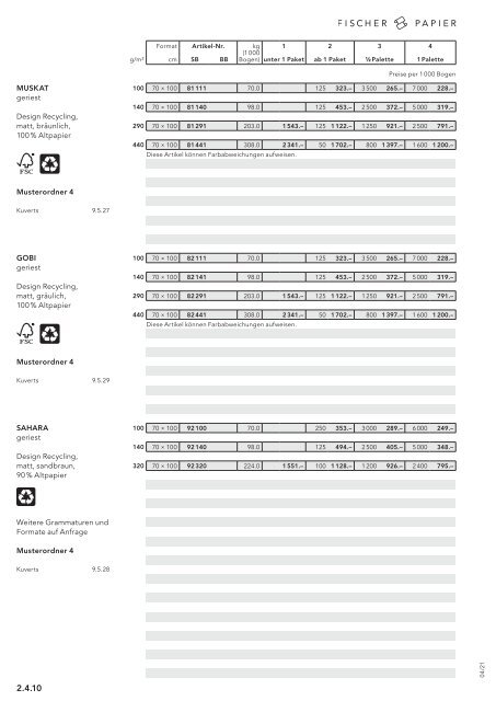 Fischer Papier AG - Preisliste