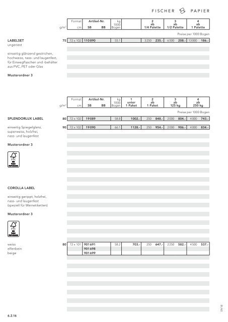 Fischer Papier AG - Preisliste