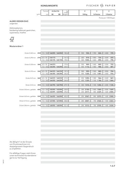 Fischer Papier AG - Preisliste