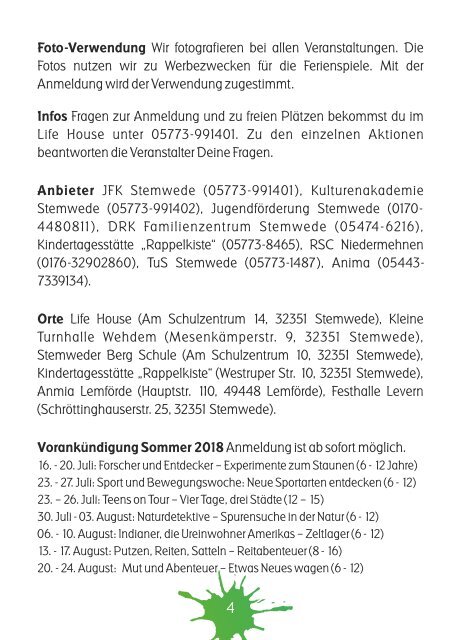 Ferienprogramm Ostern/Pfingsten 2018