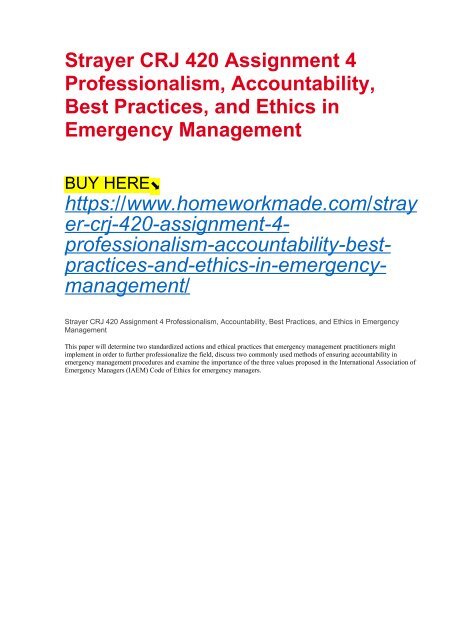 Strayer CRJ 420 Assignment 4 Professionalism, Accountability, Best Practices, and Ethics in Emergency Management