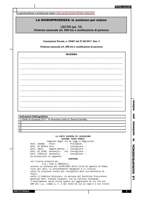 Cassazione Penale, n. 55481 del 27.06.2017, Sez. 3- Violenza sessuale art. 609 bis e sostituzione di persona (ps. 12) d