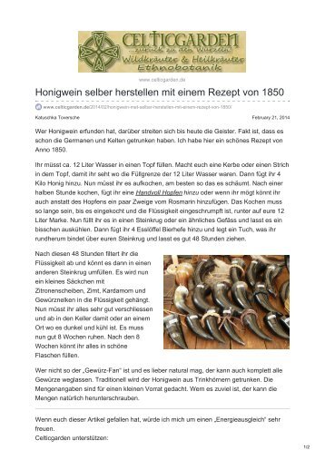 Honigwein selber herstellen mit einem Rezept von 1850