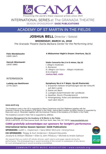 CAMA presents Academy of St Martin in the Fields with Joshua Bell / Wednesday, March 14, 2018, International Series at The Granada Theatre, 8:00 PM