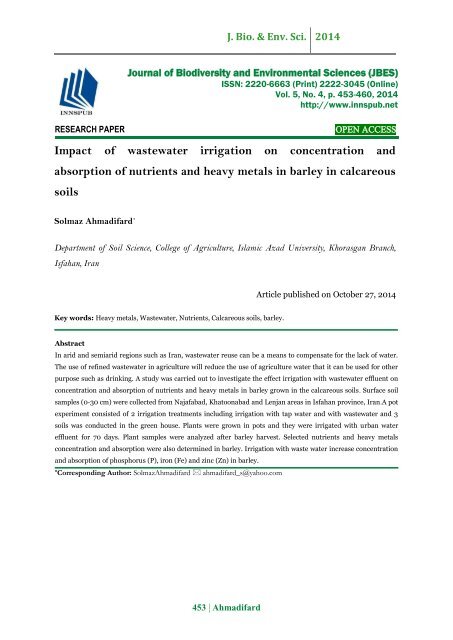 Impact of wastewater irrigation on concentration and absorption of nutrients and heavy metals in barley in calcareous soils