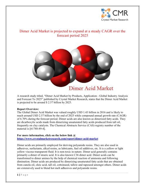 Dimer Acid Market to Reach USD 2.57 Billion by 2025 - Crystal Market research