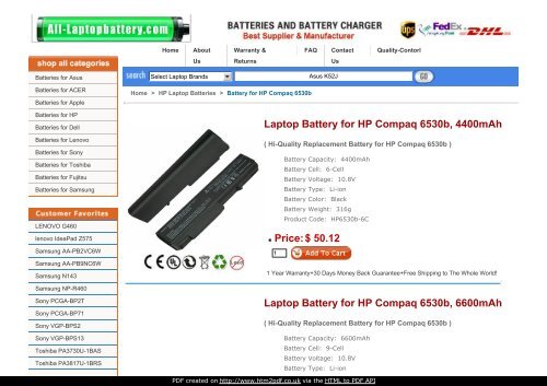 Laptop Battery For Hp Compaq 6530b