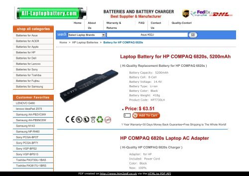 Laptop Battery for HP COMPAQ 6820s
