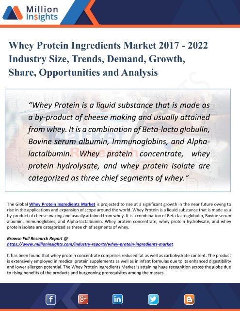 Whey Protein Ingredients Market Size, Share, Market Intelligence, Company Profiles, Market Trends, Strategy, Research Report, Analysis, Forecast 2022