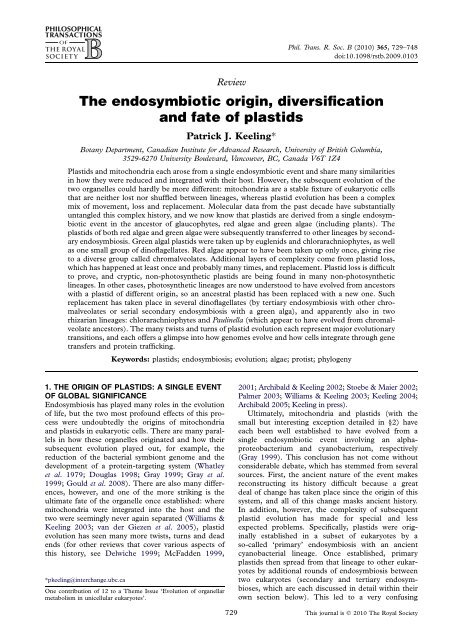 The endosymbiotic origin diversification and fate of plastids