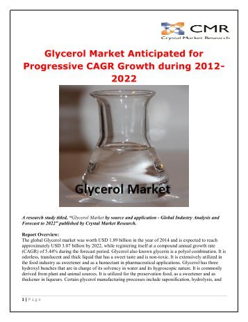 Glycerol Market Anticipated for Progressive CAGR Growth during 2012-2022