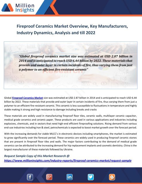 Fireproof Ceramics Market Overview, Key Manufacturers, Industry Dynamics, Analysis And Till 2022