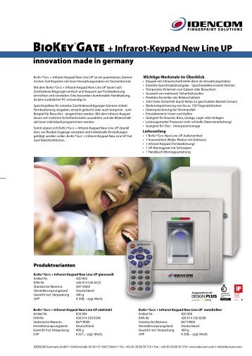 BioKey® Gate New Line + Infrarot-Keypad Produktblatt - Idencom