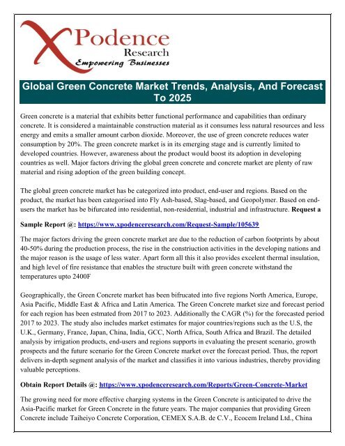 Green Concrete will Lead to a Demand for Newer Processes, Services and Technologies, And Forecast To 2025