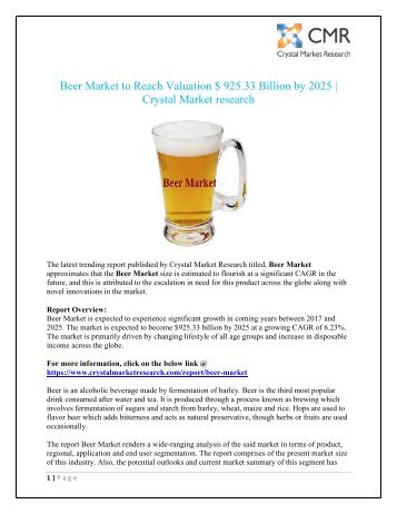 Beer Market to Grow At a CAGR of 6.23% during the Period 2017 – 2025