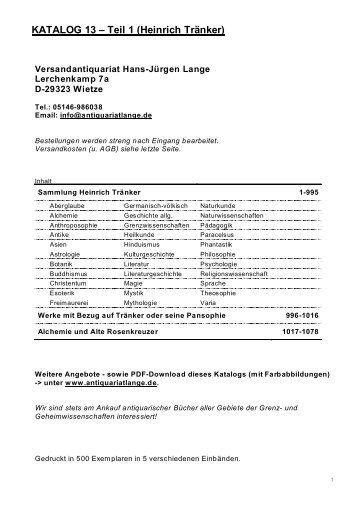 Occulta-Antiquariats-Katalog 13.1 Heinrich Tränker