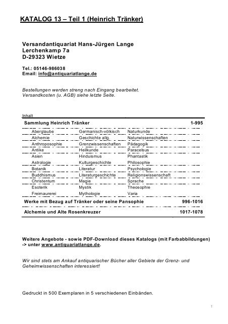 Occulta-Antiquariats-Katalog 13.1 Heinrich Tränker