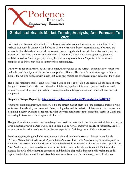 Global Lubricants Market Segmented by Type, Base Stock, End-User Industry, and Geography, Forecast to 2025