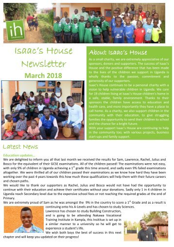 Isaac's House Newsletter - March 2018