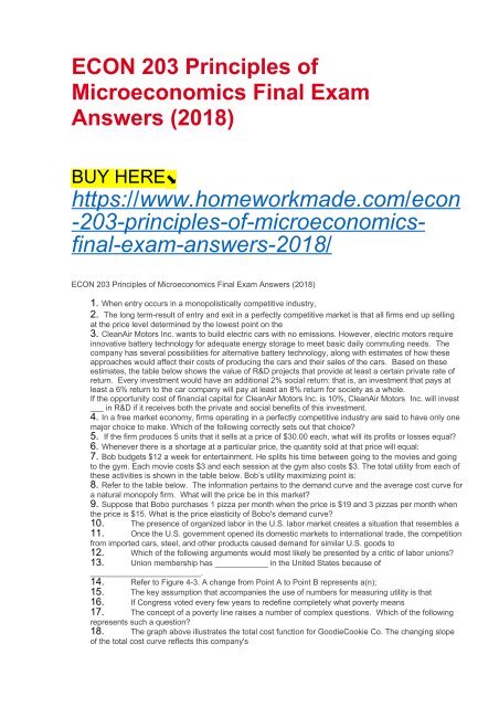 ECON 203 Principles of Microeconomics Final Exam Answers (2018)